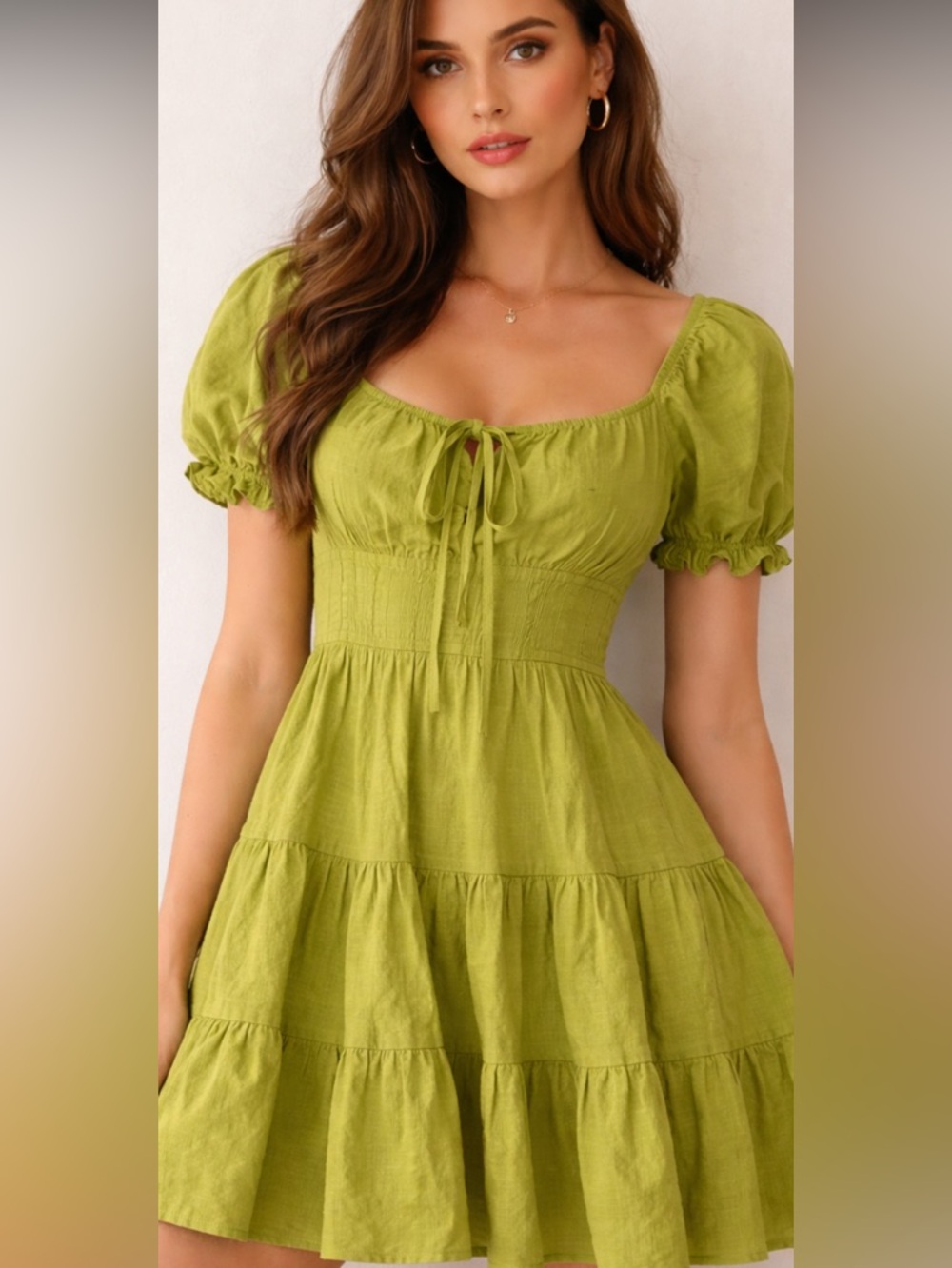Babydoll Tiered Tie Neck Green Puff Sleeve Mini Dress Size XL Lined Cotton